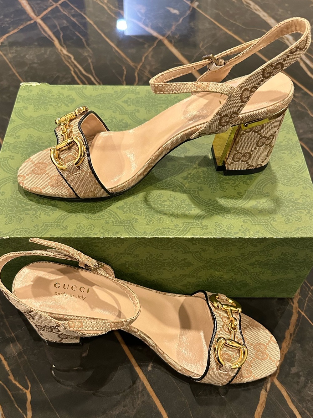 Gucci (unbranded) Beige GG Canvas Horsebit Block Heel Slingbacks